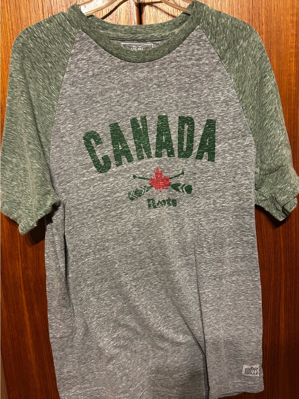 Roots Gray Tee with Green Raglan Sleeves and Red Maple Graphic